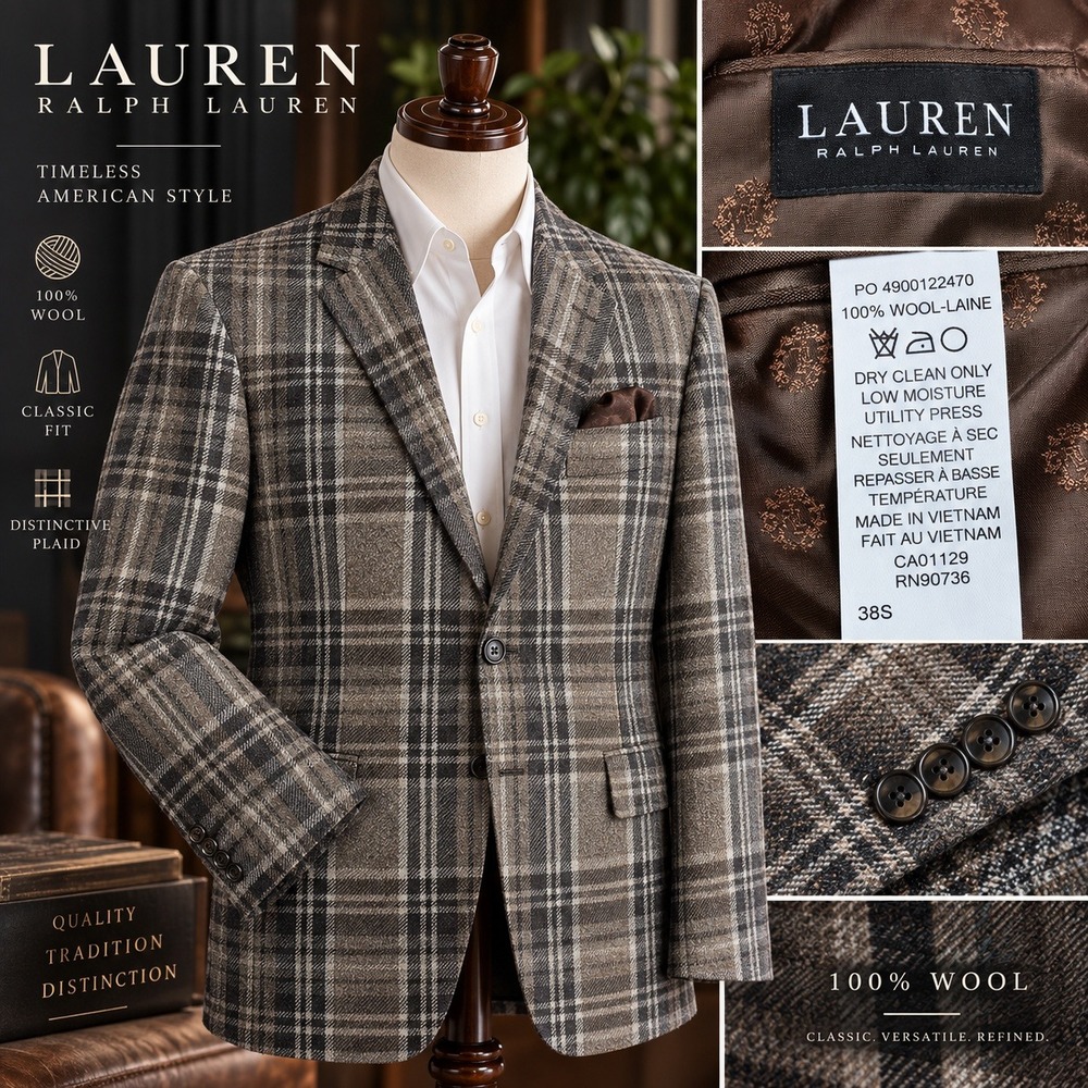 NEW Lauren Ralph Lauren Plaid Mens 38S Wool Button up Sport Coat Blazer L/S